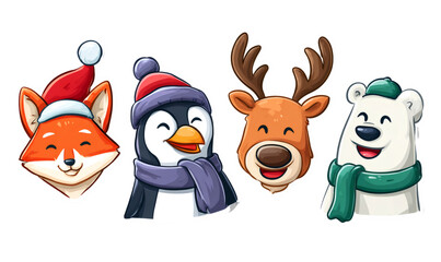 Fototapeta premium Group of happy cartoon animal heads wearing festive winter hats and scarves, celebrating the christmas holiday season