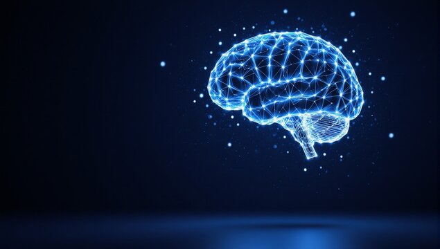 An abstract polygonal human brain shape of artificial intelligence with line dots and shadow on a dark blue background - Powered by Adobe