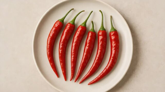 Group of vibrant red chili peppers arranged symmetrically on a clean white plate showcasing their glossy texture and fresh appearance under soft natural light emphasizing their elongated shape