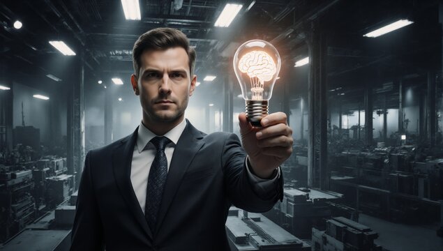 Modern innovative businessman showcases brainstorming session with glowing lightbulb in a forward-thinking manufacturing environment