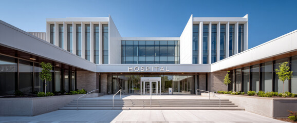 Modern hospital building exterior with glass and clean architectural lines under clear blue sky