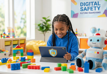 Girl using tablet with robot blocks in classroom, suitable for educational technology, robotics, stem, child learning, school resources, digital education.