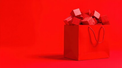 Obraz premium Red shopping bag filled with gift boxes on a red background