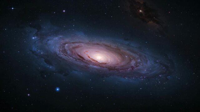 Stunning spiral galaxy illuminated by scattered starlight in a vast cosmic environment showcasing deep blue hues with bright white centers and surrounding celestial bodies