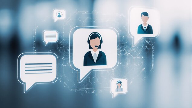 A digital customer service system featuring an icon of a 24-hour assistant with chat bubbles symbolizing virtual assistance and communication - Powered by Adobe
