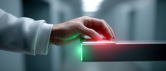 Close-up of a hand pressing a button on a modern access control panel with red and green indicator lights in a dimly lit corridor