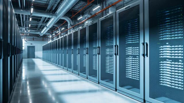 Wide view of a modern data center featuring rows of server racks with illuminated components sleek metallic surfaces and industrial architecture in a well-lit organized environment.