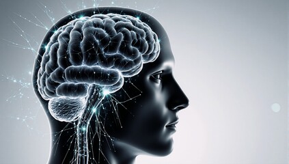 Futuristic bionic brain profile showcases AI technology concept with wireframe and data flow