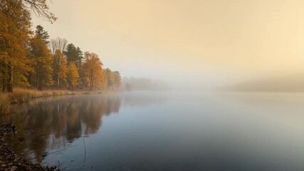 Serene autumn lake scene with fog and colorful trees reflecting on still water showcasing misty landscape during early morning light in a tranquil natural environment - Powered by Adobe