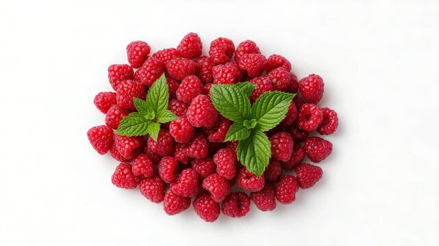 Close-up of fresh vibrant red raspberries with green mint leaves arranged on a white surface showcasing texture and color highlighted by soft natural light.