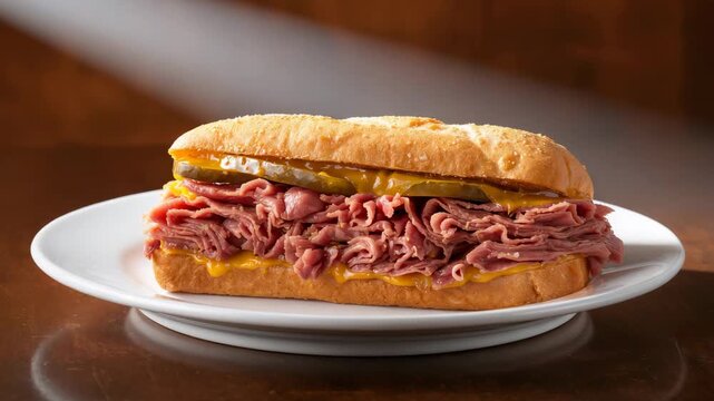 Close-up of a savory roast beef sandwich with cheddar cheese and pickles on a golden bun displayed on a white plate in soft natural light against a warm wooden background