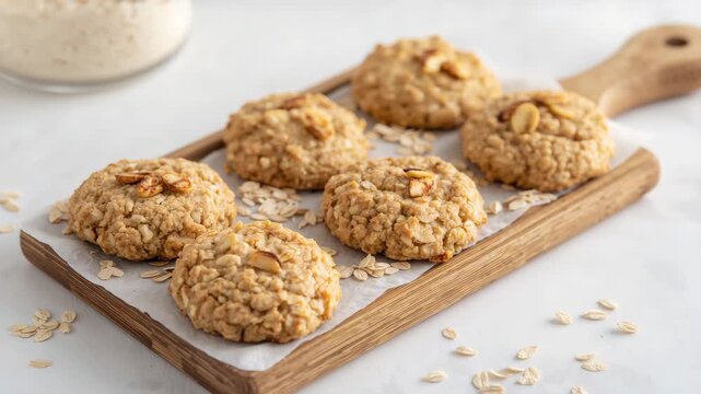 Oatmeal cookies arranged on a wooden board with light and natural textures showcasing a soft golden color and a few scattered oats in a kitchen setting
