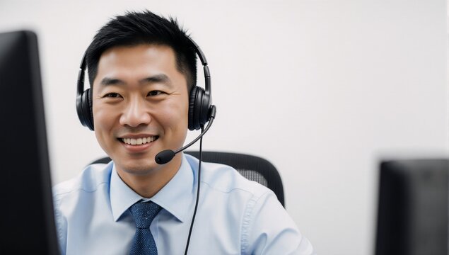 Isolated Asian man smiling and wearing headphones for customer service in an online advice or telemarketing setting