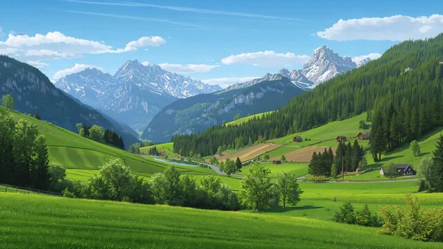 Wide view of lush green valley with rolling hills vibrant fields and distant snow-capped mountains under bright blue sky featuring soft clouds and natural lighting