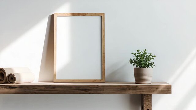 Minimalist interior scene featuring a wooden shelf with a blank picture frame rolled paper and a green potted plant under soft natural light against a light-colored wall