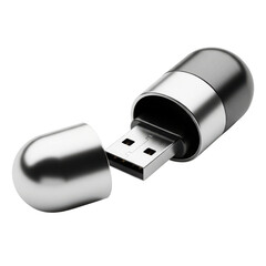 Metallic Silver and Dark Gray Capsule USB Flash Drive Open, Isolated Product Shot isolated on Transparent Background