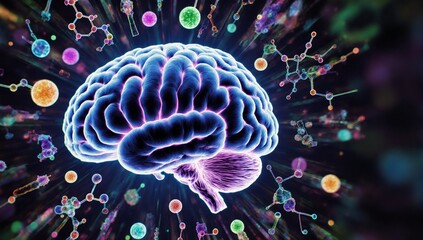 Obraz premium Stylized brain surrounded by vibrant scientific elements symbolizing knowledge and exploration