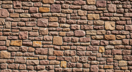 Fototapeta premium Natural stone wall texture background with irregular reddish brown blocks