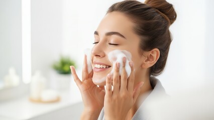 Young Woman Washing Face with Foam in Bright Modern Bathroom