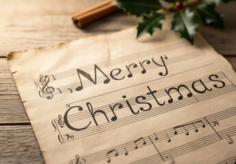 Festive merry christmas sheet music is adorned with holly and cinnamon, perfect for holiday themed designs and celebrations. Joyful music inspiration.