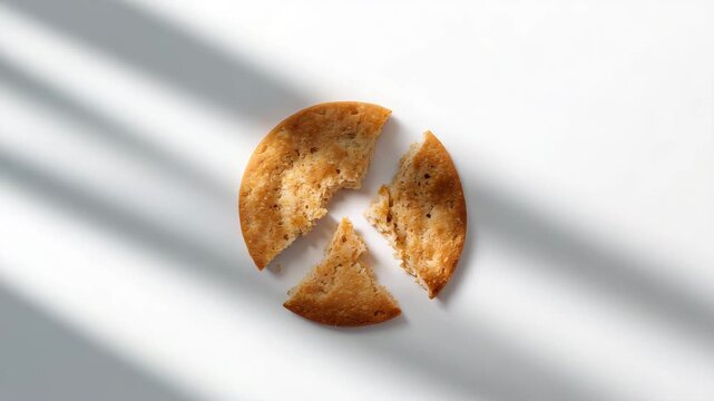 Close-up of a round cookie split into four uneven pieces on a minimalistic background with soft natural light and gentle shadows highlighting the crumbly texture and golden brown color