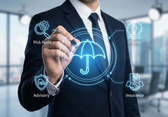 Man with insurance protection plan diagram, suitable for financial presentations, insurance brochures, professional websites, and marketing materials related to insurance.