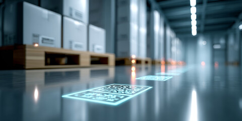 Futuristic warehouse interior with glowing QR codes projected on polished floor and stacked boxes on wooden pallets in modern logistics environment