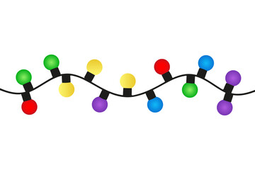Vibrant, shiny, multi-colored string lights garland vector, perfect for borders and party decoration. Available as EPS, JPG, and transparent PNG illustration.