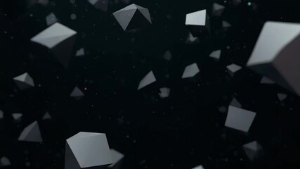Dynamic floating geometric shapes composed of dark gray triangular prisms drifting gracefully in a dimly lit abstract environment with a blurred background and dust particles creating visual depth - Powered by Adobe