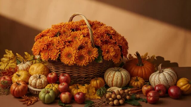 Vibrant autumn display featuring a large basket overflowing with bright orange chrysanthemums surrounded by colorful pumpkins gourds and apples in a warm-toned setting with soft natural light