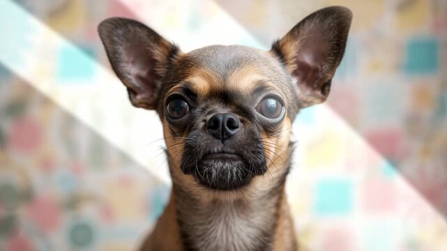Close-up of a curious brown and tan Chihuahua dog gazing directly at the camera against a colorful patterned background with soft lighting and minimal shadows showcasing smooth fur texture and