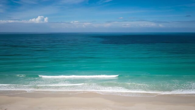 Aerial view of tranquil beach with gentle turquoise waves lapping against the sandy shore under a bright blue sky changing water patterns and soft clouds in the distance showcasing a serene coastal