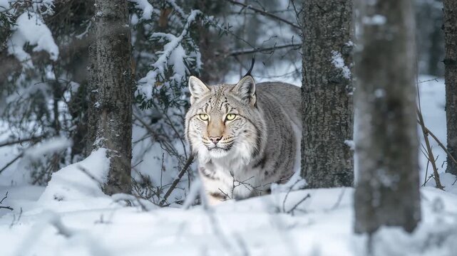 Lynx stalking through a snowy forest displaying detailed coat patterns and piercing yellow eyes surrounded by snow-covered trees and a tranquil winter ambiance in natural soft light