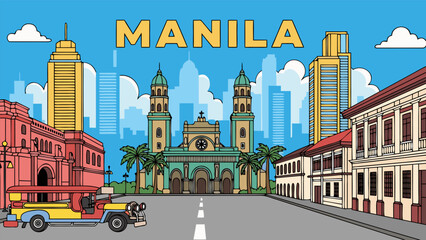 Obraz premium Manila Skyline Illustration Featuring Iconic Landmarks and Jeepney