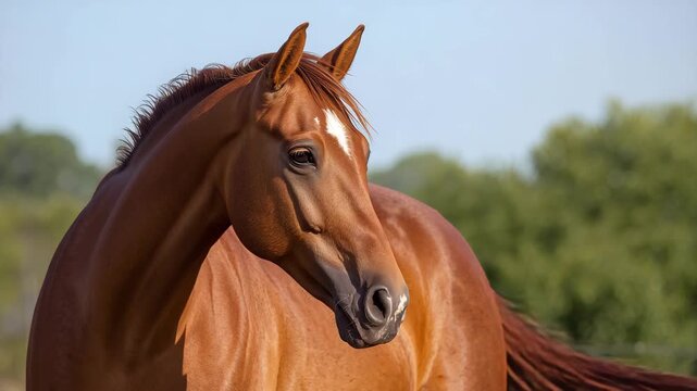 Elegant chestnut horse turning its head gracefully against a blurred green landscape in natural sunlight showcasing smooth fur texture and vivid colors in a serene outdoor setting