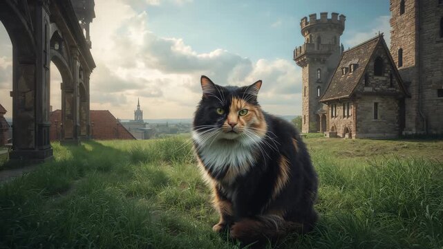 Calico cat sitting in lush green grass in a historical castle landscape with stone towers under soft natural light on a clear day