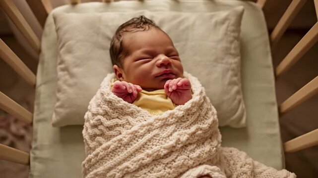 Newborn baby sleeping peacefully swaddled in a cream knitted blanket inside a wooden crib with a light green sheet and pillow soft warm lighting