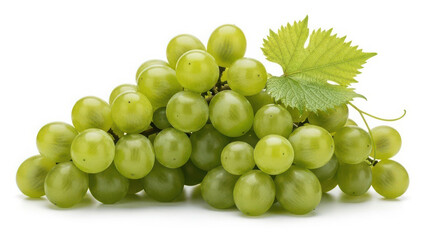 Fresh green grapes with leaves isolated on white background