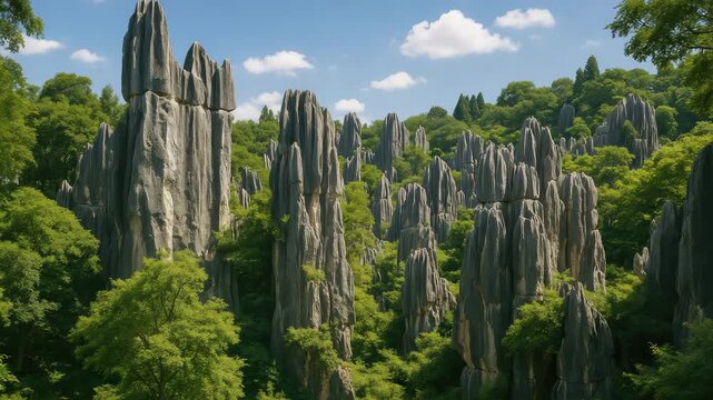 Wide view of rugged limestone rock formations surrounded by lush green trees under a bright blue sky with soft natural light highlighting the rocky textures throughout the landscape