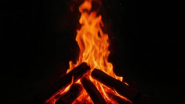 Close-up view of a flickering campfire with bright orange flames dancing above stacked logs against a dark background showcasing glowing embers and intense heat in an outdoor nighttime setting