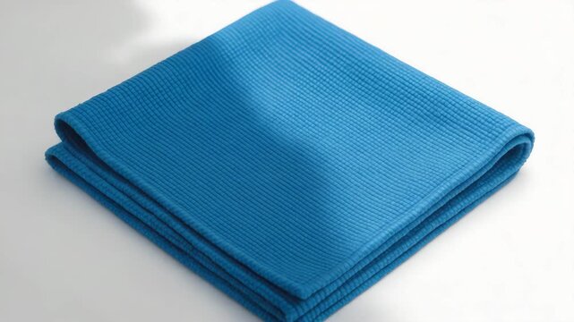 Close-up of folded blue microfiber cloth on a light background showcasing the texture and color in soft natural light with no visible actions or additional elements surrounding it