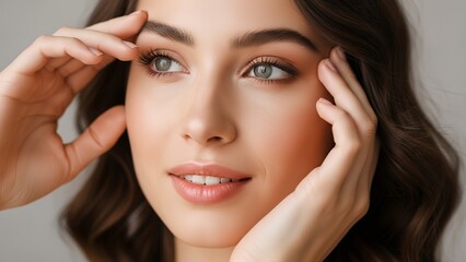 Fototapeta premium Beautiful Young Woman with Clear Skin and Bright Blue Eyes Touching Face in Soft Lighting