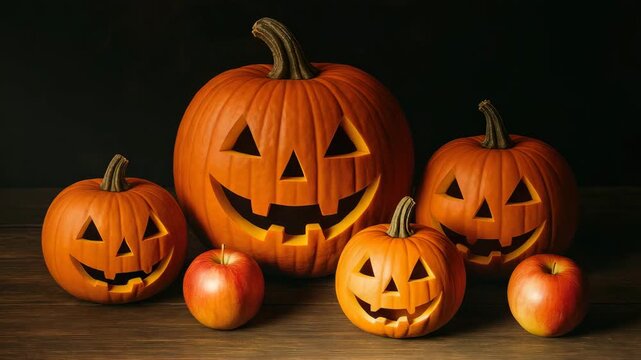 Four carved Halloween pumpkins with smiling faces and vibrant orange color on a wooden table paired with shiny red apples against a dark background showcasing intricate details and textures