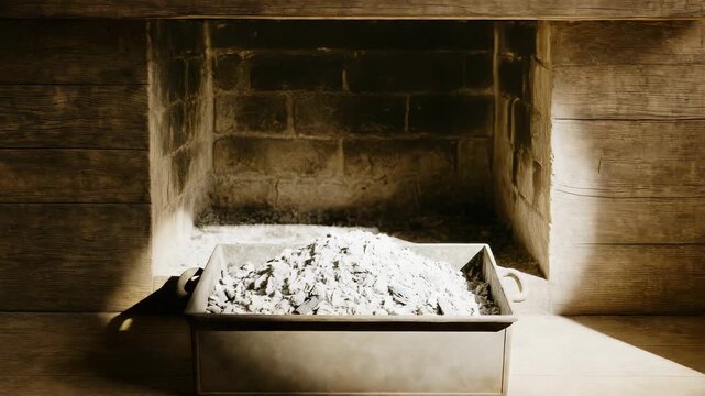 Close-up of a metal tray filled with gray ash placed in a rustic wooden fireplace illuminated by soft natural light highlighting the texture of the ash and wood with shadows cast on the surrounding