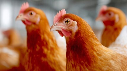 Fototapeta premium A close-up view of brown chickens in a poultry farm setting. This image highlights the details of the chickens. Perfect for agricultural and farm-related projects. AI