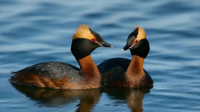 Pair of striking horned grebes swimming gracefully in clear blue water showcasing vibrant plumage and bright red eyes in a serene outdoor setting under soft natural lighting