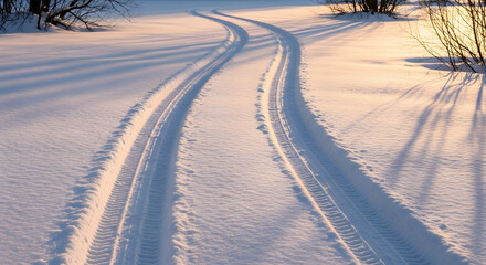 Car tracks on snow-covered road &mdash; winter conditions and reduced traction