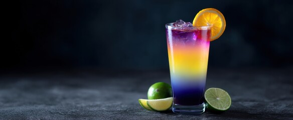 Mocktail drink bursts like a sunset with layers and a zesty citrus crown.
