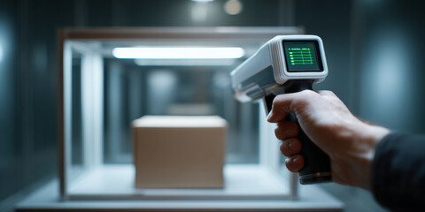 Hand holding a handheld barcode scanner aimed at a cardboard box inside a scanning chamber in a warehouse environment