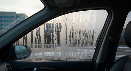 Car window defrosting with streaks of melting condensation on cold glass, urban buildings blurred outside,interior of modern car suggesting winter morning commute, safety,visibility and road attention